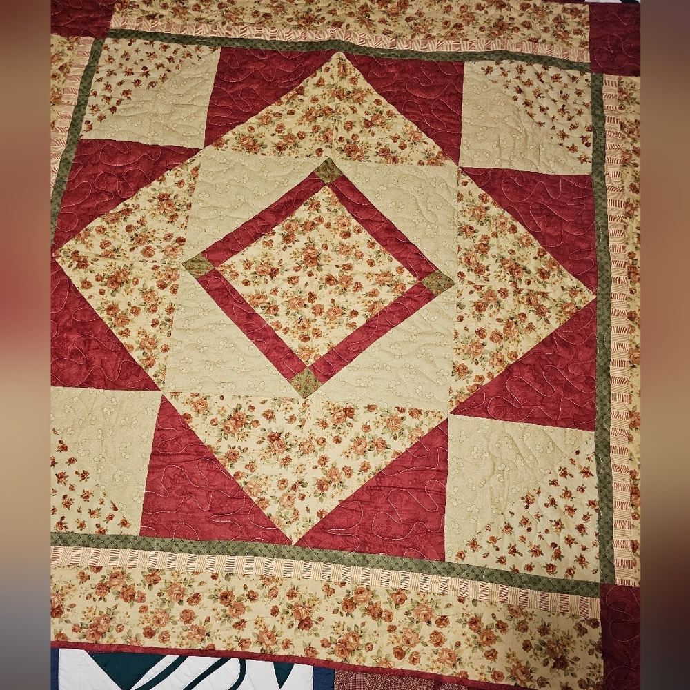 Handmade Floral Patchwork Quilt in Red and Cream